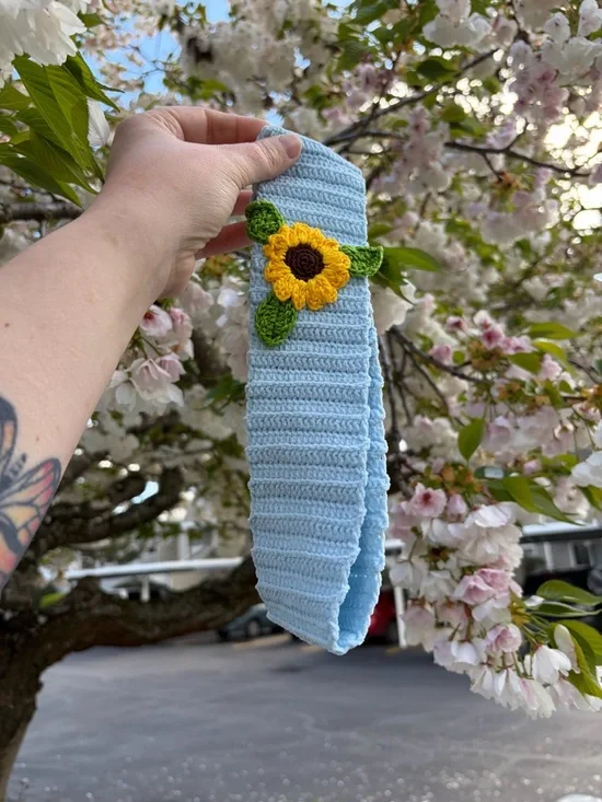 Handmade Blue Crochet Headband with Sunflower - Customizable - Picture 1 of 4